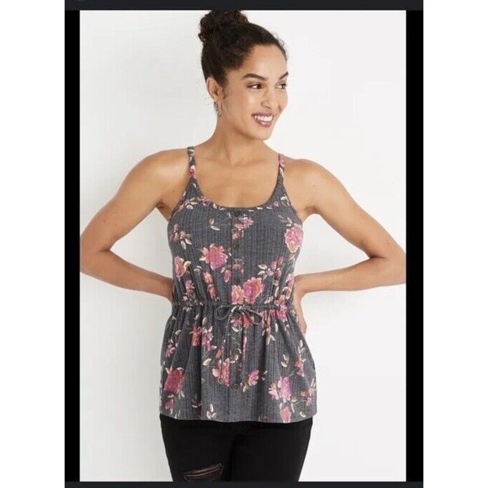 Maurices Button Down Front Tank Top Gray And Pink Floral Size Small NWT
